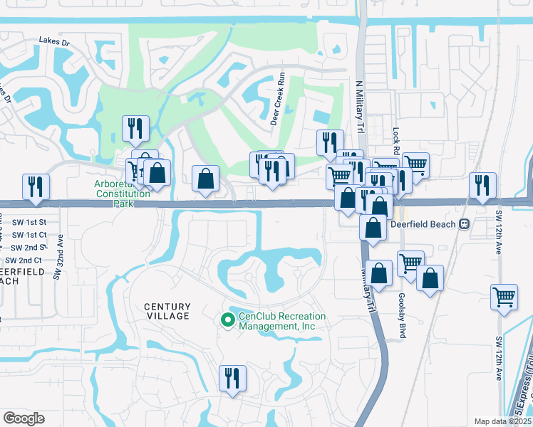 map of restaurants, bars, coffee shops, grocery stores, and more near 118 Westbury East in Deerfield Beach