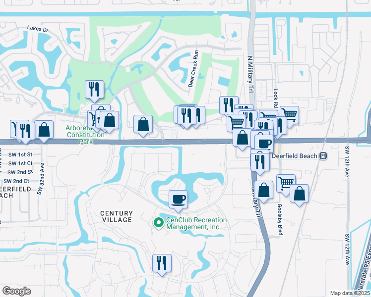 map of restaurants, bars, coffee shops, grocery stores, and more near 118 Westbury East in Deerfield Beach