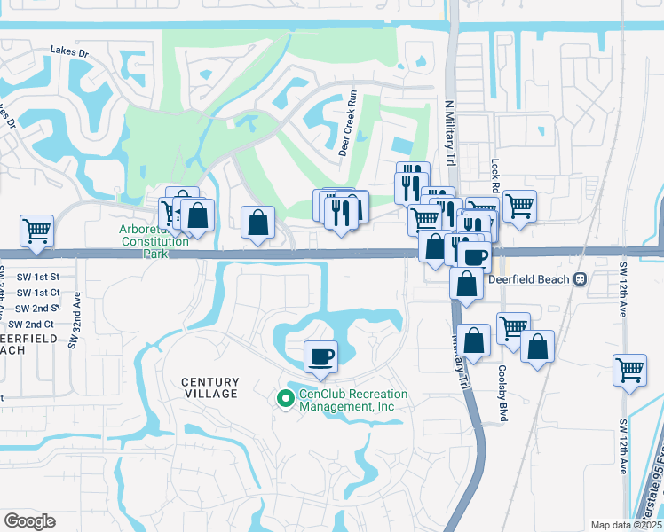 map of restaurants, bars, coffee shops, grocery stores, and more near 118 Westbury East in Deerfield Beach