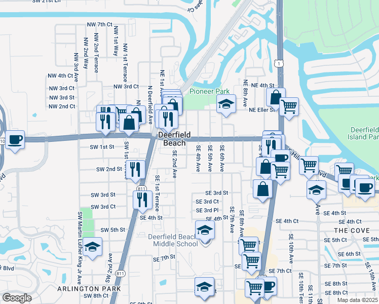 map of restaurants, bars, coffee shops, grocery stores, and more near 86 Southeast 3rd Avenue in Deerfield Beach