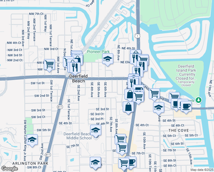 map of restaurants, bars, coffee shops, grocery stores, and more near 70 Southeast 6th Avenue in Deerfield Beach