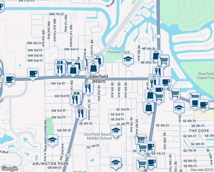 map of restaurants, bars, coffee shops, grocery stores, and more near 86 Southeast 3rd Avenue in Deerfield Beach