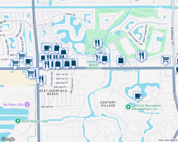map of restaurants, bars, coffee shops, grocery stores, and more near 2 Ventnor Drive in Deerfield Beach