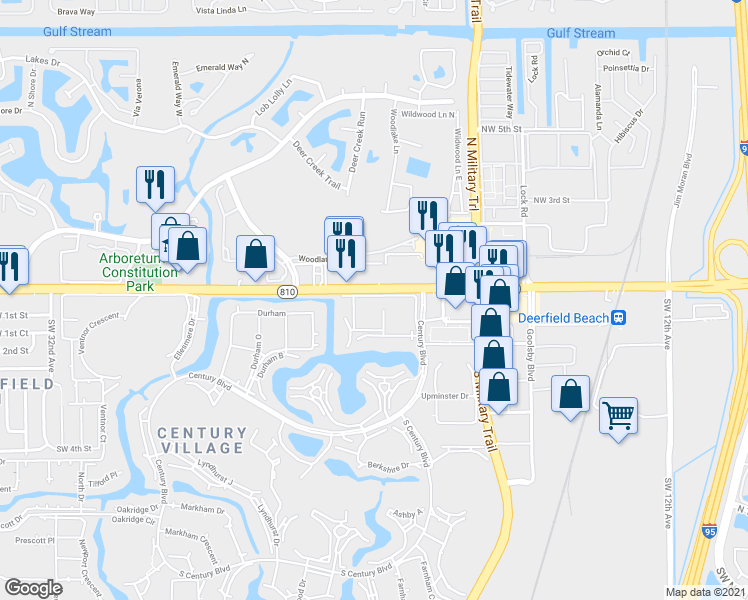 map of restaurants, bars, coffee shops, grocery stores, and more near 51 Westbury Circle in Deerfield Beach
