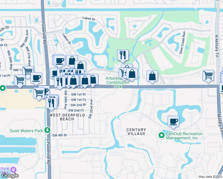 map of restaurants, bars, coffee shops, grocery stores, and more near 2 Ventnor Drive in Deerfield Beach
