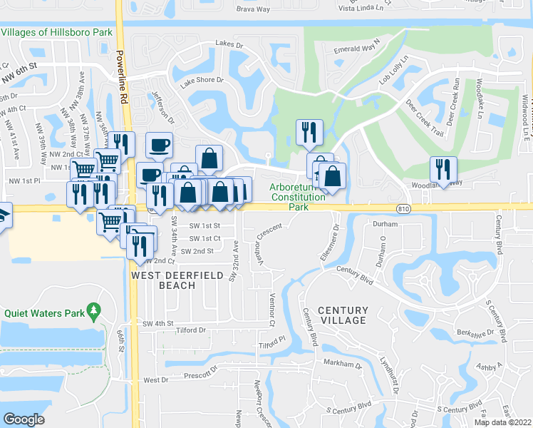 map of restaurants, bars, coffee shops, grocery stores, and more near 40 Ventnor Drive in Deerfield Beach