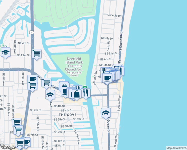 map of restaurants, bars, coffee shops, grocery stores, and more near 333 Northeast 19th Avenue in Deerfield Beach