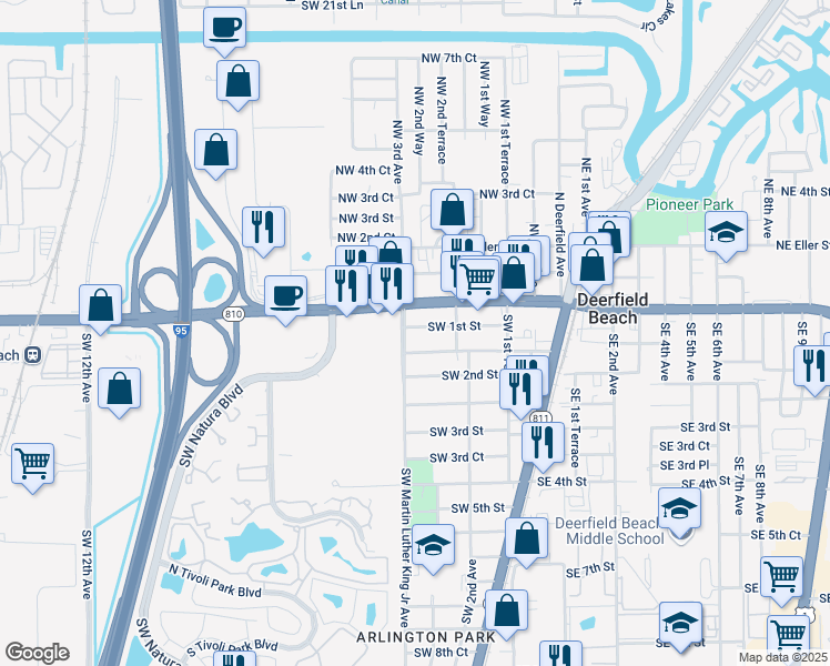 map of restaurants, bars, coffee shops, grocery stores, and more near 294 Southwest 1st Street in Deerfield Beach