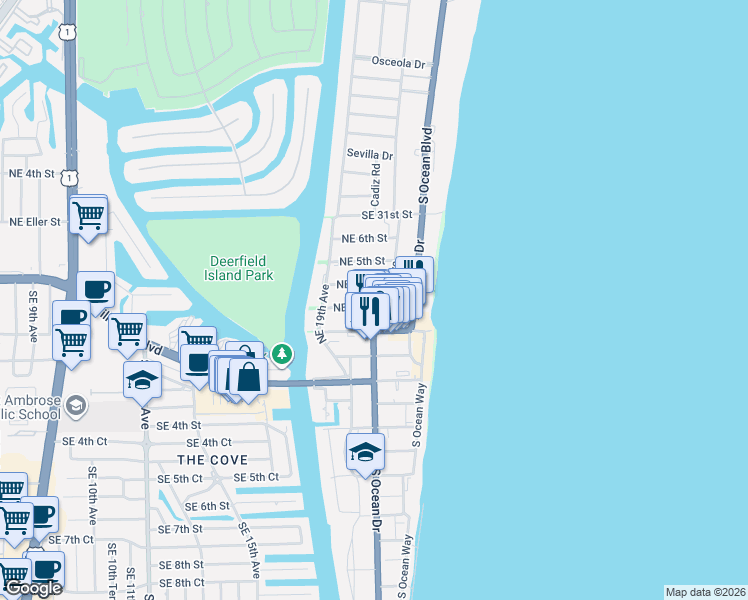 map of restaurants, bars, coffee shops, grocery stores, and more near 1985 Northeast 3rd Street in Deerfield Beach
