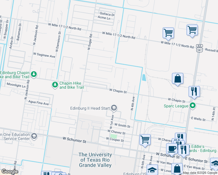 map of restaurants, bars, coffee shops, grocery stores, and more near 1119 West Chapin Street in Edinburg