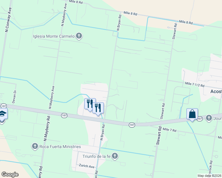 map of restaurants, bars, coffee shops, grocery stores, and more near 8400 Bougainvillea Drive in Mission