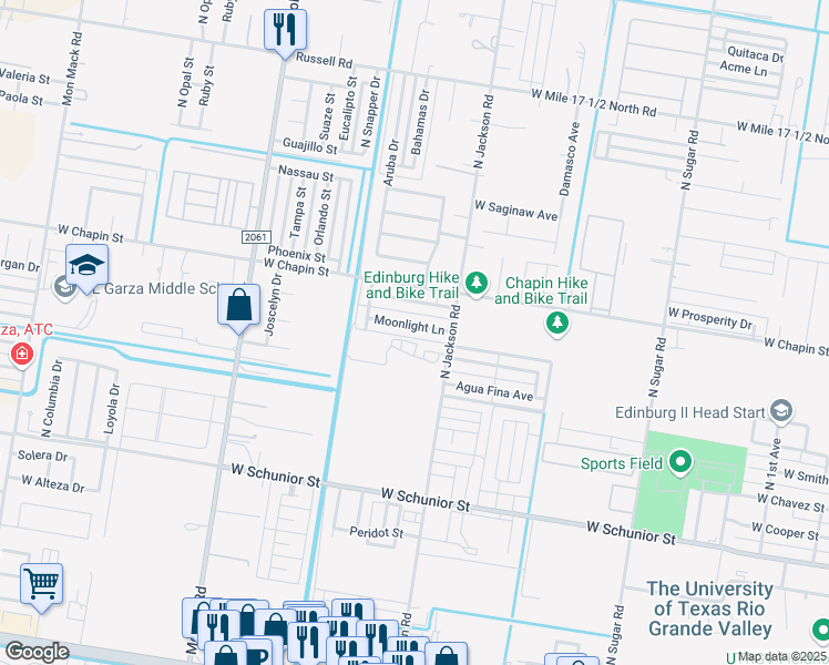 map of restaurants, bars, coffee shops, grocery stores, and more near 2304 Moonlight Lane in Edinburg