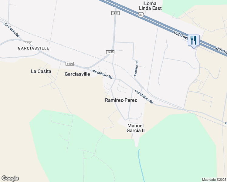 map of restaurants, bars, coffee shops, grocery stores, and more near 127 Garciasville Cemetery Road in Rio Grande City