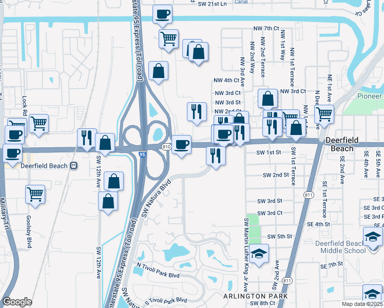 map of restaurants, bars, coffee shops, grocery stores, and more near 650 West Hillsboro Boulevard in Deerfield Beach