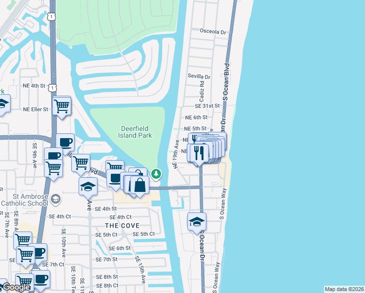 map of restaurants, bars, coffee shops, grocery stores, and more near 1917 Northeast 3rd Street in Deerfield Beach