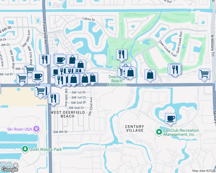 map of restaurants, bars, coffee shops, grocery stores, and more near 2 Ventnor Drive in Deerfield Beach
