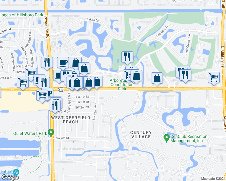 map of restaurants, bars, coffee shops, grocery stores, and more near 2 Ventnor Drive in Deerfield Beach