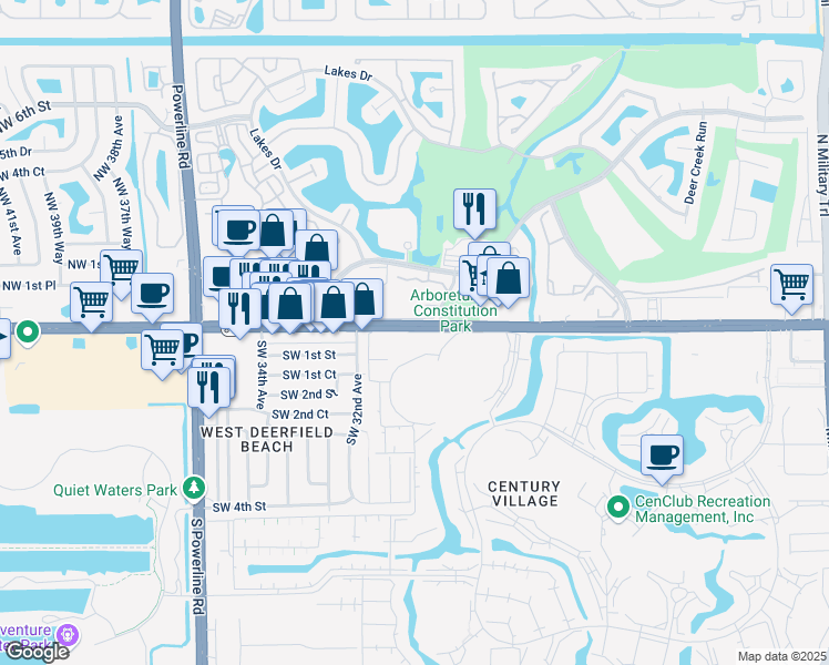 map of restaurants, bars, coffee shops, grocery stores, and more near 40 Ventnor Drive in Deerfield Beach