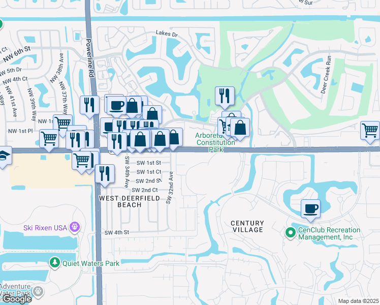 map of restaurants, bars, coffee shops, grocery stores, and more near 40 Ventnor Drive in Deerfield Beach