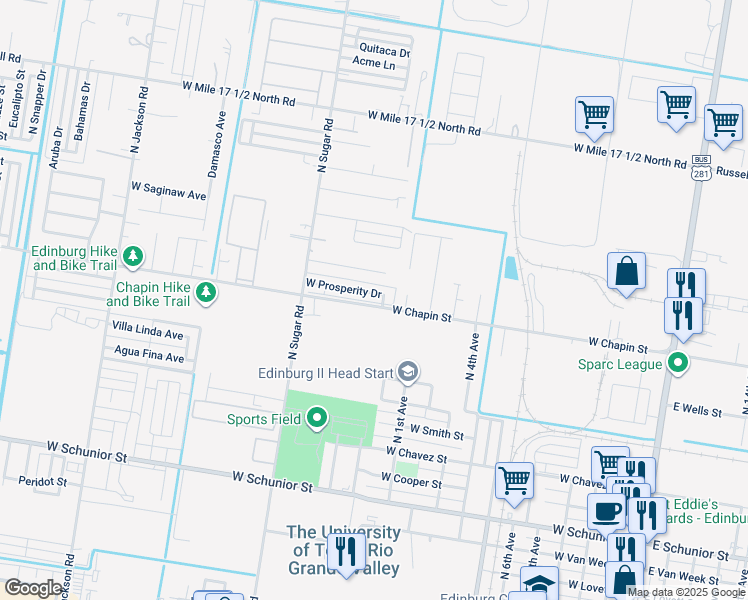 map of restaurants, bars, coffee shops, grocery stores, and more near 1119 West Chapin Street in Edinburg