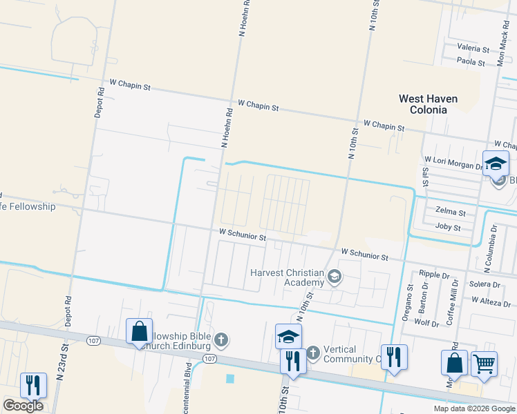 map of restaurants, bars, coffee shops, grocery stores, and more near 4625 West Schunior Street in Edinburg