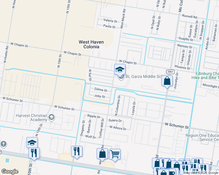 map of restaurants, bars, coffee shops, grocery stores, and more near 1109 Mon Mack Road in Edinburg