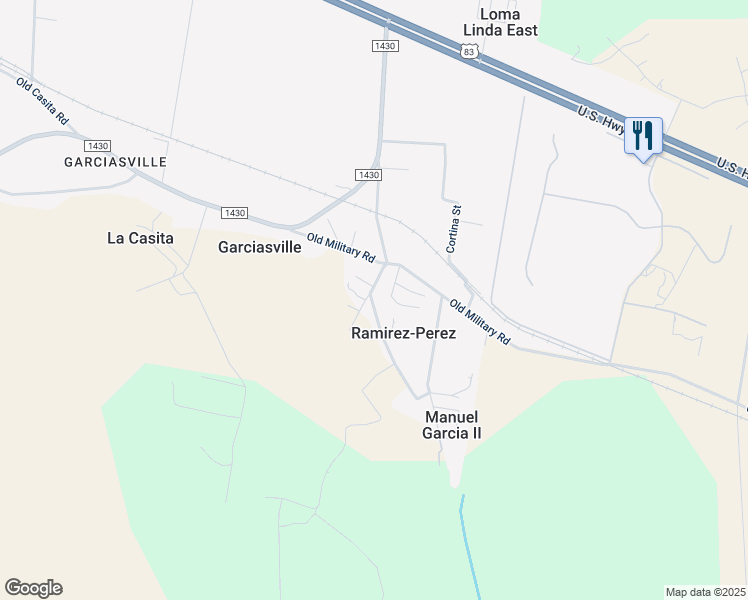 map of restaurants, bars, coffee shops, grocery stores, and more near 127 Garciasville Cemetery Road in Rio Grande City