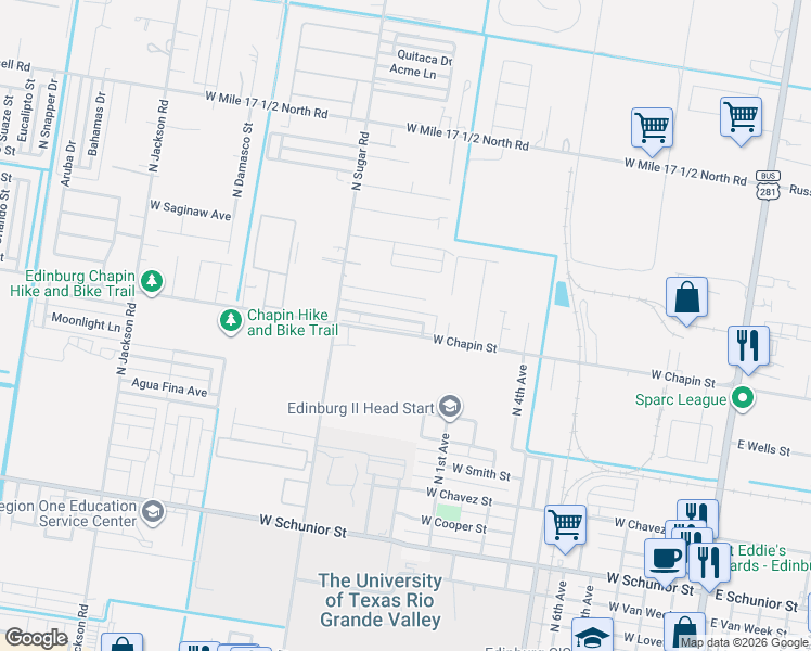 map of restaurants, bars, coffee shops, grocery stores, and more near 1314 Prosperity Drive in Edinburg