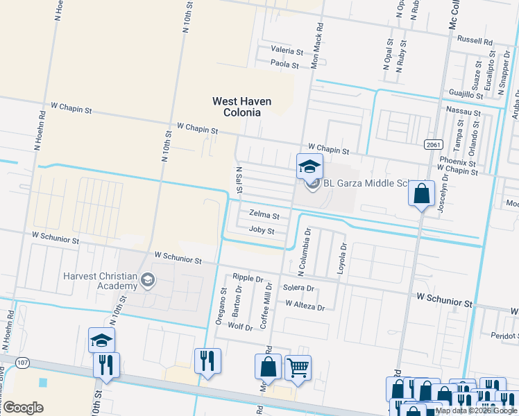 map of restaurants, bars, coffee shops, grocery stores, and more near 3707 Zelma Street in Edinburg