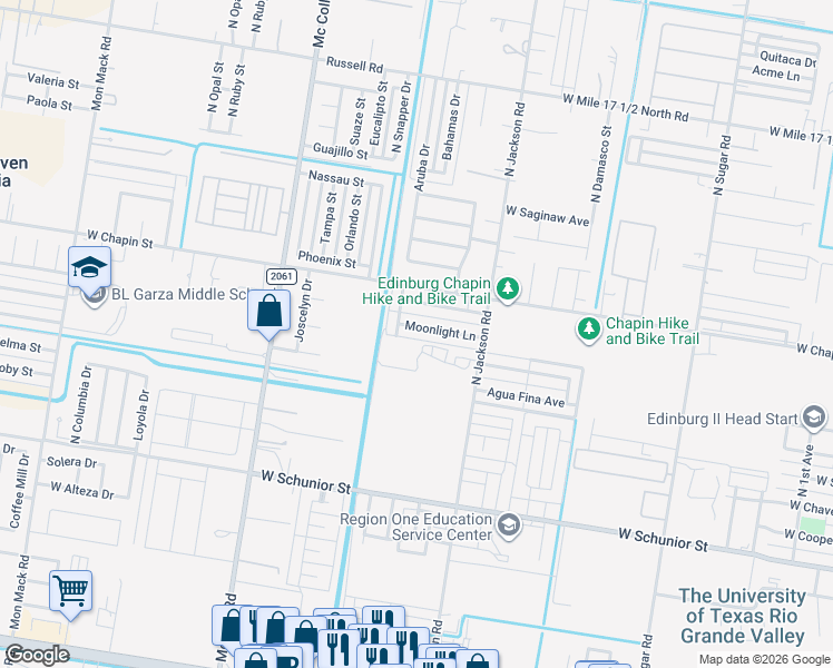 map of restaurants, bars, coffee shops, grocery stores, and more near 2414 Moonlight Lane in Edinburg