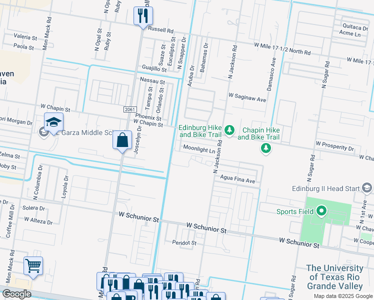 map of restaurants, bars, coffee shops, grocery stores, and more near 2408 Moonlight Lane in Edinburg