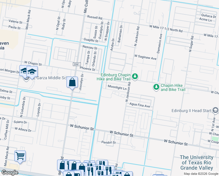 map of restaurants, bars, coffee shops, grocery stores, and more near 2414 Moonlight Lane in Edinburg