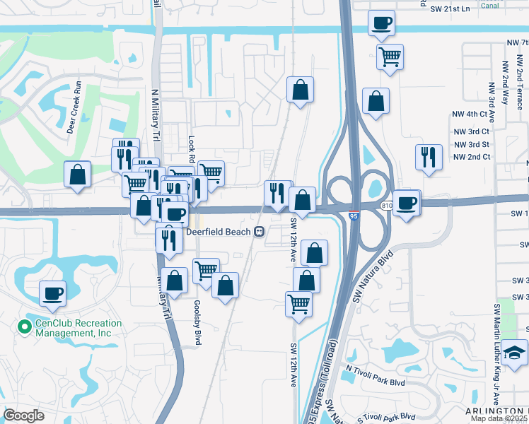 map of restaurants, bars, coffee shops, grocery stores, and more near 1300 West Hillsboro Boulevard in Deerfield Beach