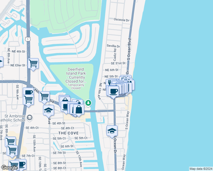 map of restaurants, bars, coffee shops, grocery stores, and more near 1925 Northeast 3rd Street in Deerfield Beach