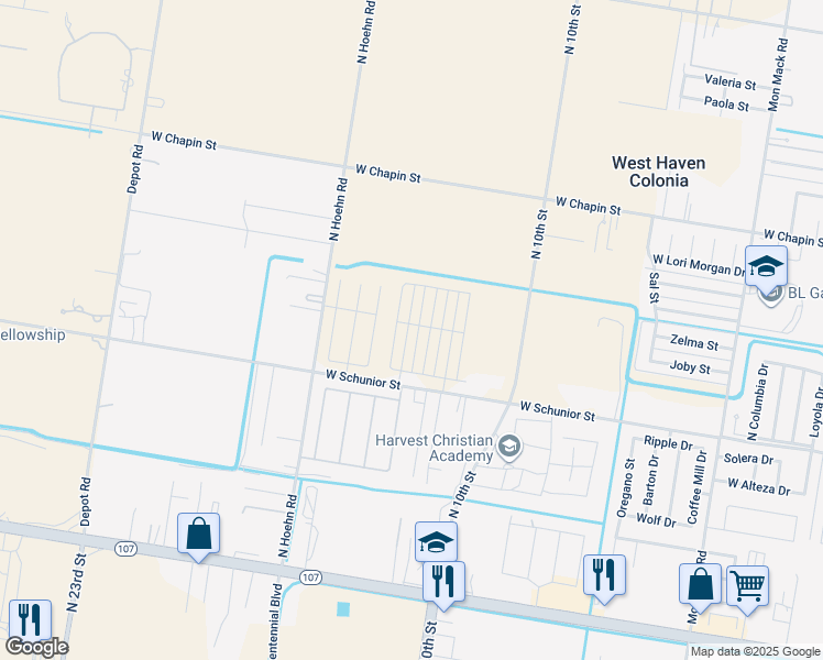 map of restaurants, bars, coffee shops, grocery stores, and more near 4622 West Schunior Street in Edinburg