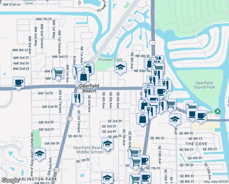 map of restaurants, bars, coffee shops, grocery stores, and more near 70 Southeast 6th Avenue in Deerfield Beach