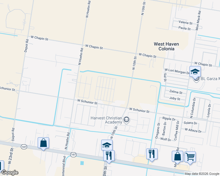 map of restaurants, bars, coffee shops, grocery stores, and more near 4403 West Schunior Street in Edinburg