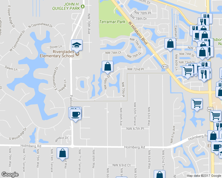 map of restaurants, bars, coffee shops, grocery stores, and more near 7057 Northwest 67th Terrace in Parkland