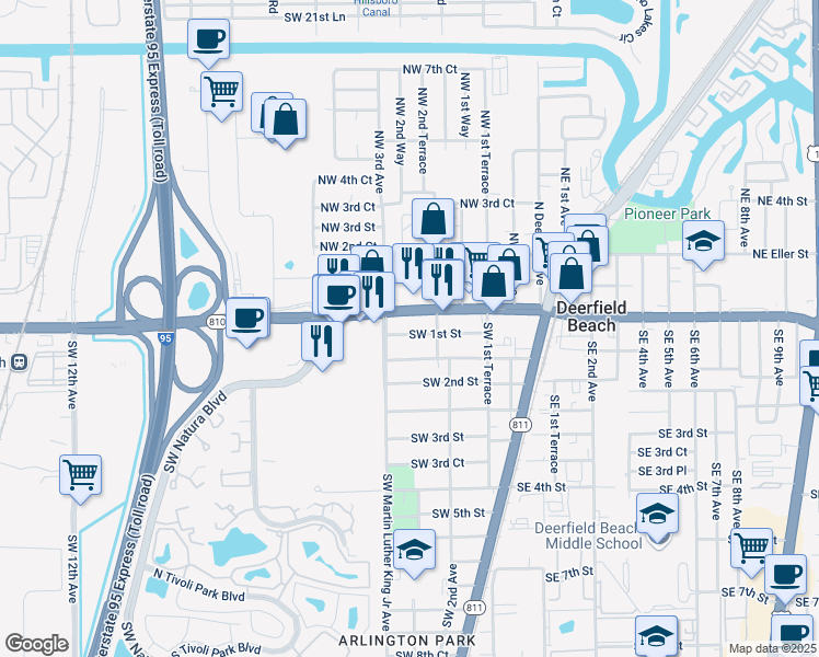 map of restaurants, bars, coffee shops, grocery stores, and more near 294 Southwest 1st Street in Deerfield Beach