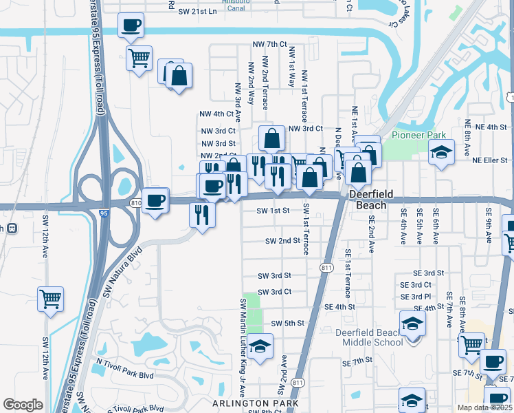 map of restaurants, bars, coffee shops, grocery stores, and more near 294 Southwest 1st Street in Deerfield Beach