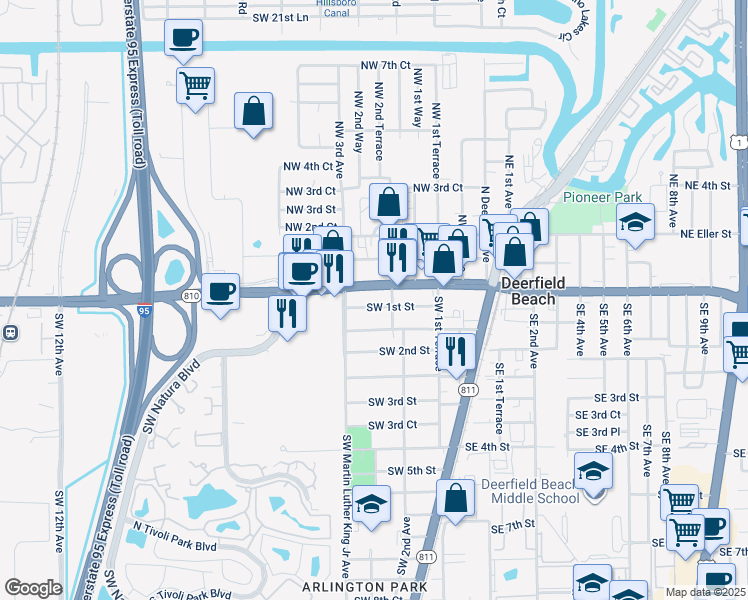 map of restaurants, bars, coffee shops, grocery stores, and more near 260 Southwest 1st Street in Deerfield Beach