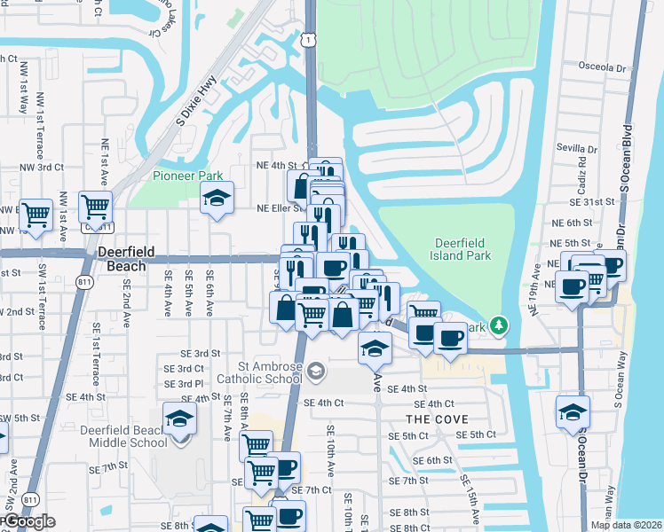 map of restaurants, bars, coffee shops, grocery stores, and more near 1051 East Hillsboro Boulevard in Deerfield Beach