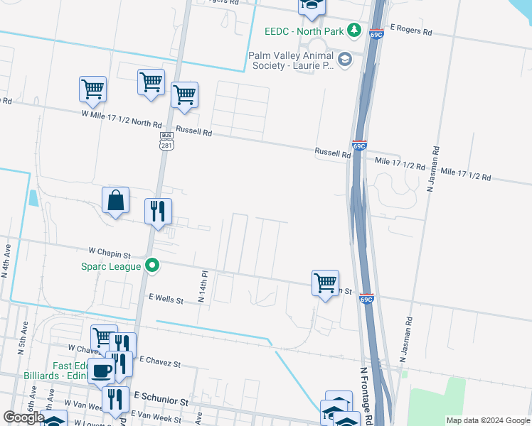 map of restaurants, bars, coffee shops, grocery stores, and more near 709 Cathedral Hill in Edinburg