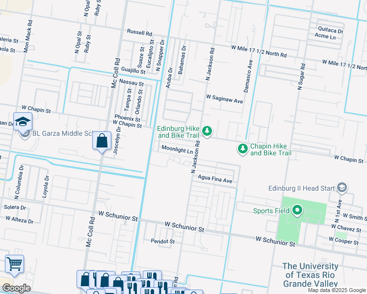 map of restaurants, bars, coffee shops, grocery stores, and more near 2304 Moonlight Lane in Edinburg