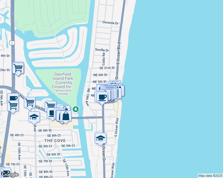 map of restaurants, bars, coffee shops, grocery stores, and more near 314 North Ocean Drive in Deerfield Beach