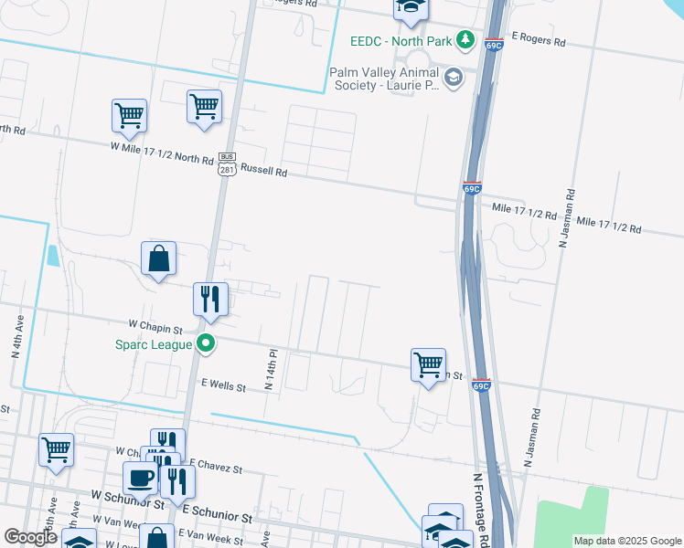 map of restaurants, bars, coffee shops, grocery stores, and more near 1708 North Chapel Hill in Edinburg