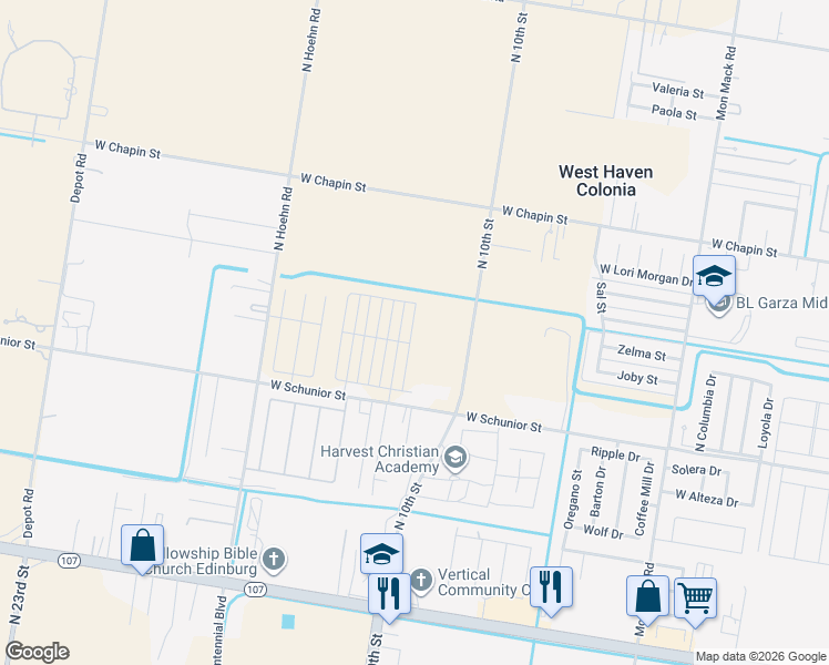 map of restaurants, bars, coffee shops, grocery stores, and more near 907 North Clarence Avenue in Edinburg