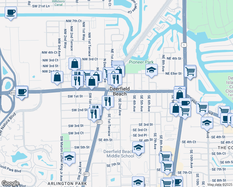 map of restaurants, bars, coffee shops, grocery stores, and more near 77 Southeast 2nd Avenue in Deerfield Beach