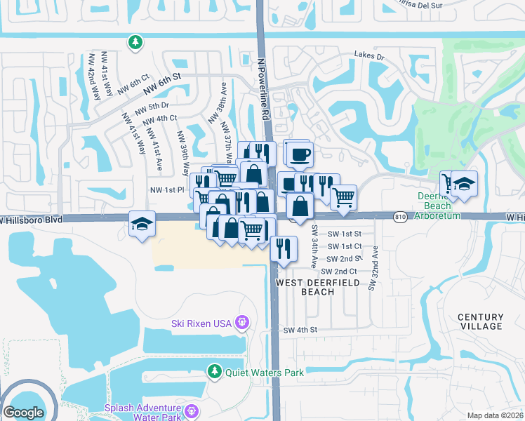 map of restaurants, bars, coffee shops, grocery stores, and more near 3621 West Hillsboro Boulevard in Deerfield Beach