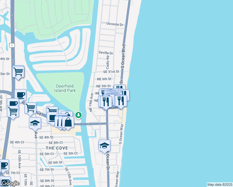 map of restaurants, bars, coffee shops, grocery stores, and more near 314 North Ocean Drive in Deerfield Beach